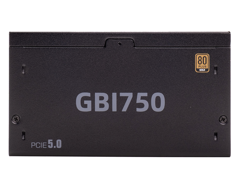 Czarny zasilacza komputerowy z napisami GBI750, PCIe 5.0 i logo 80 Plus Gold.