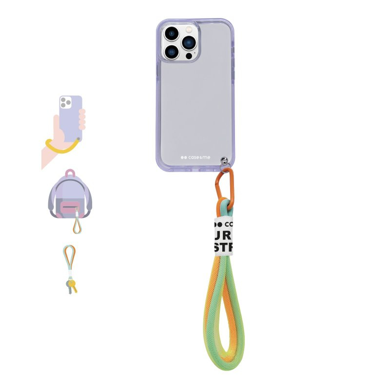 Funda de teléfono transparente con marco morado y correa de muñeca colorida con mosquetón.