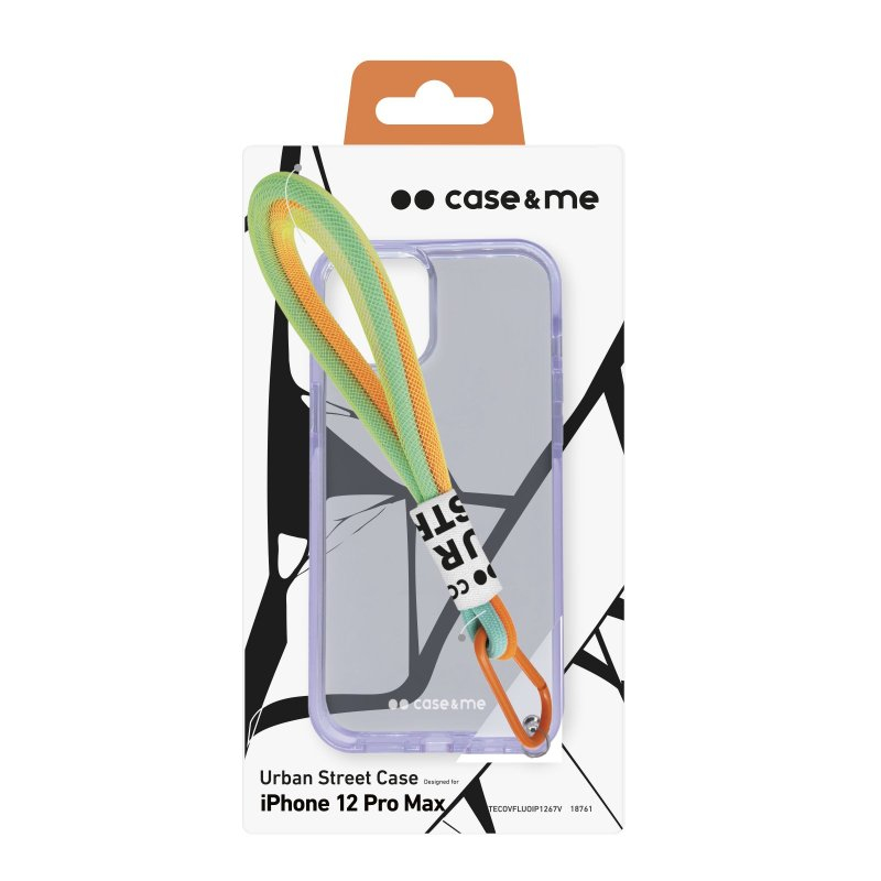 Embalaje para iPhone 12 Pro Max Urban Street Case con funda transparente y cordón verde y naranja.