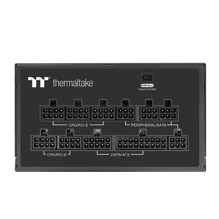 Die schwarze Thermaltake-Netzteilanschlussseite zeigt beschriftete Steckverbinder für CPU, PCI-E, SATA und 24-Pin ATX.