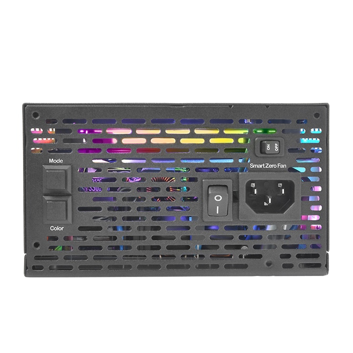 Schwarzes PC-Netzteil mit bunten RGB-Lichtern, Anschlüssen, Schaltern und Lüftungsschlitzen.