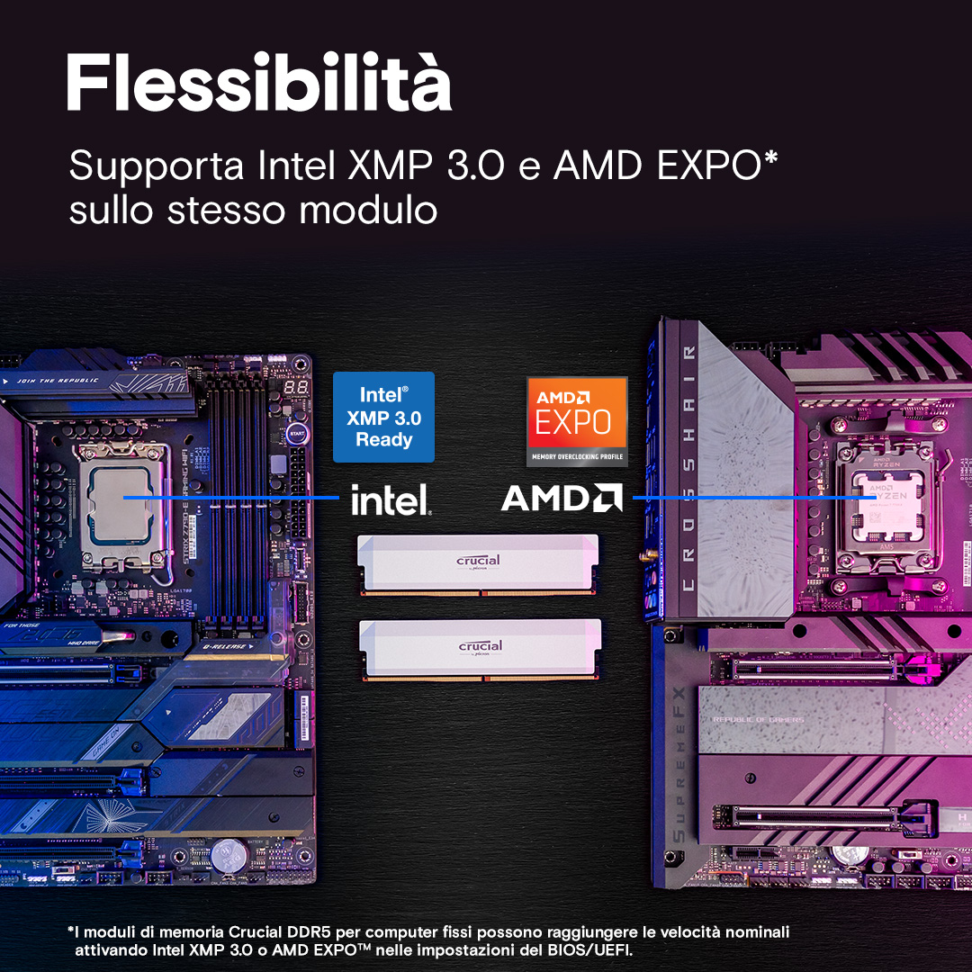 Zwei Mainboards flankieren zwei Crucial RAM-Module mit Intel XMP 3.0 und AMD EXPO Logos.