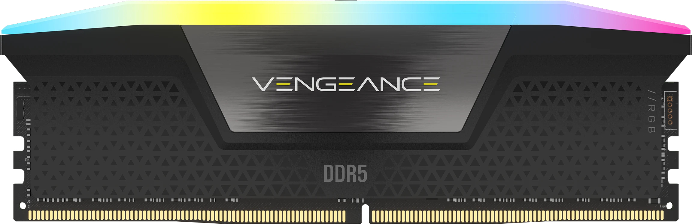 Czarny moduł pamięci RAM DDR5 z górnym podświetleniem RGB i napisem Vengeance.
