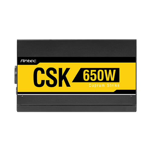 Bloc d'alimentation noir Antec CSK 650W avec étiquette jaune sur fond blanc.