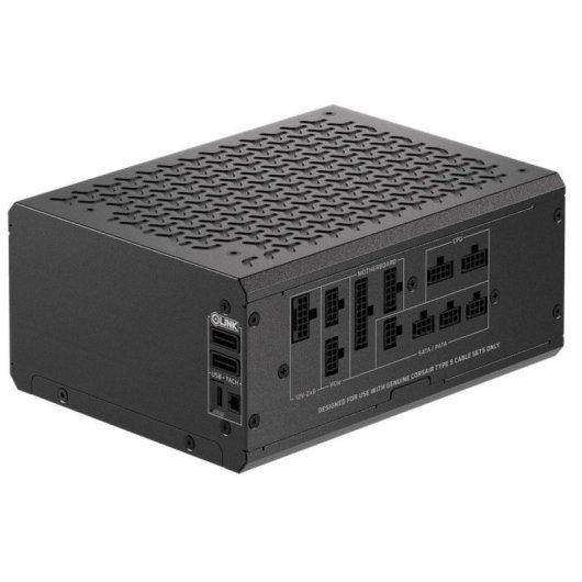 Ein schwarzes PC-Netzteil mit modulareren Anschlüssen und Gitteroberseite auf weißem Hintergrund.