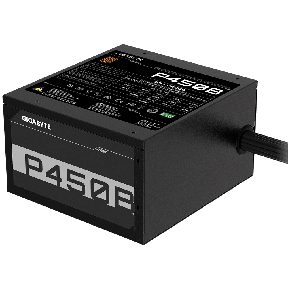 Fuente de alimentación negra Gigabyte P450B con etiqueta de especificaciones arriba.