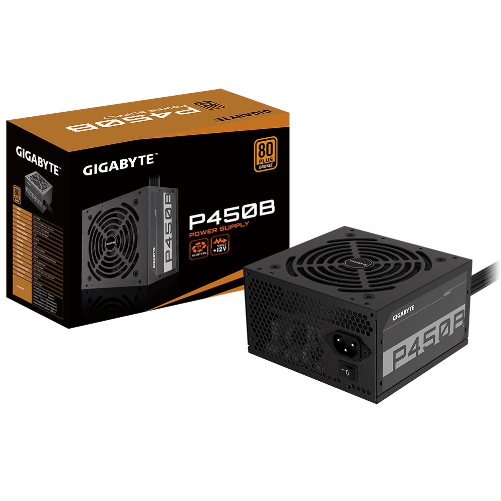 Fuente de alimentación Gigabyte P450B en negro junto a su caja de embalaje.