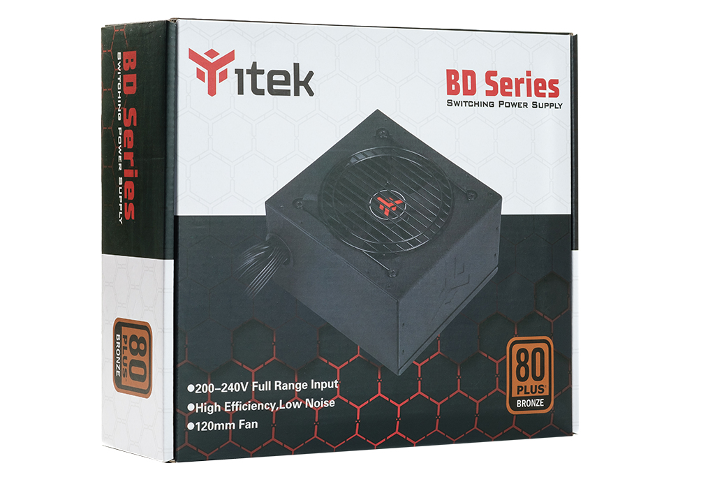 Pudełko zasilacza Itek BD Series z certyfikatem 80 Plus Bronze i wentylatorem.