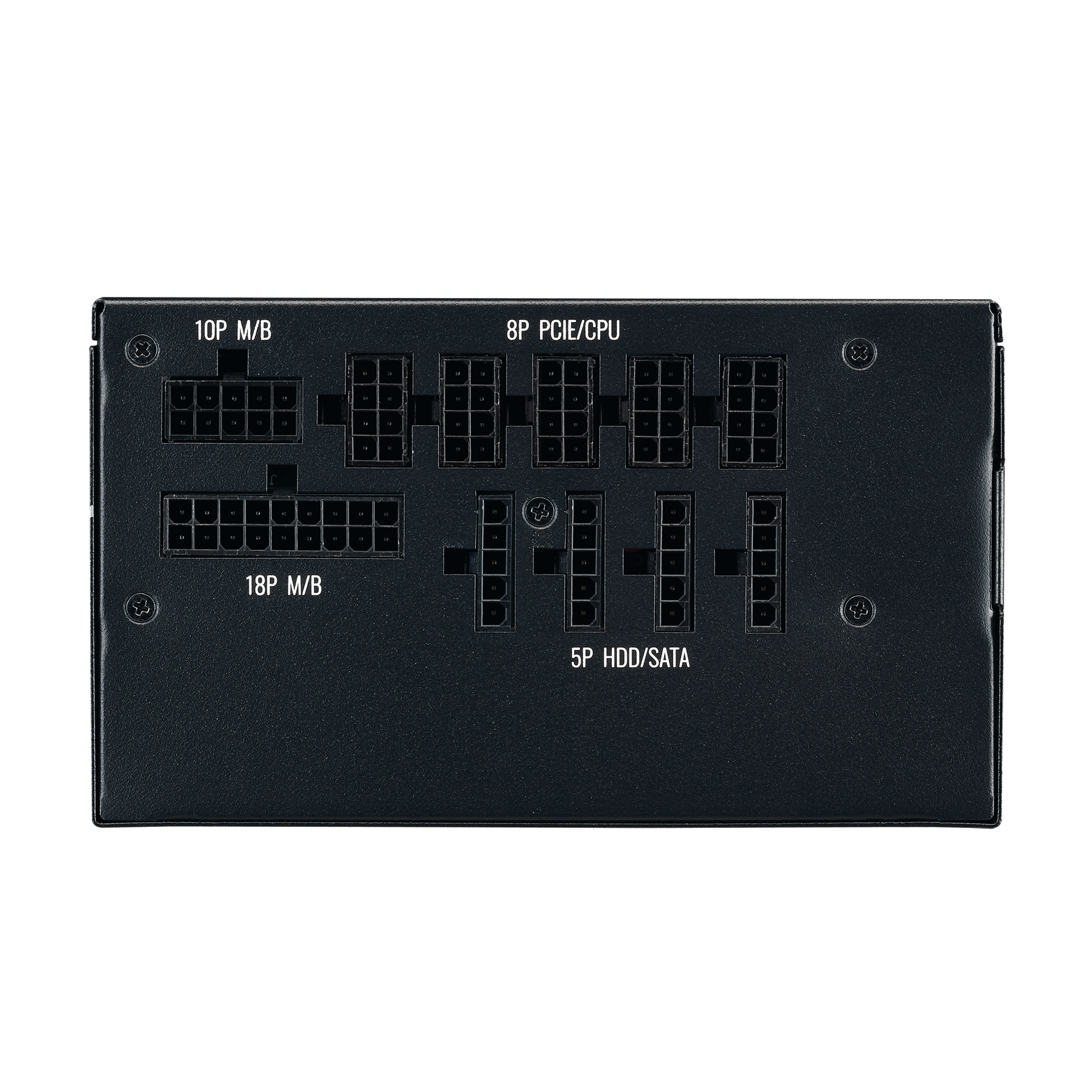 Rückseite eines schwarzen PC-Netzteils mit beschrifteten modularen Kabelanschlüssen auf weißem Hintergrund.
