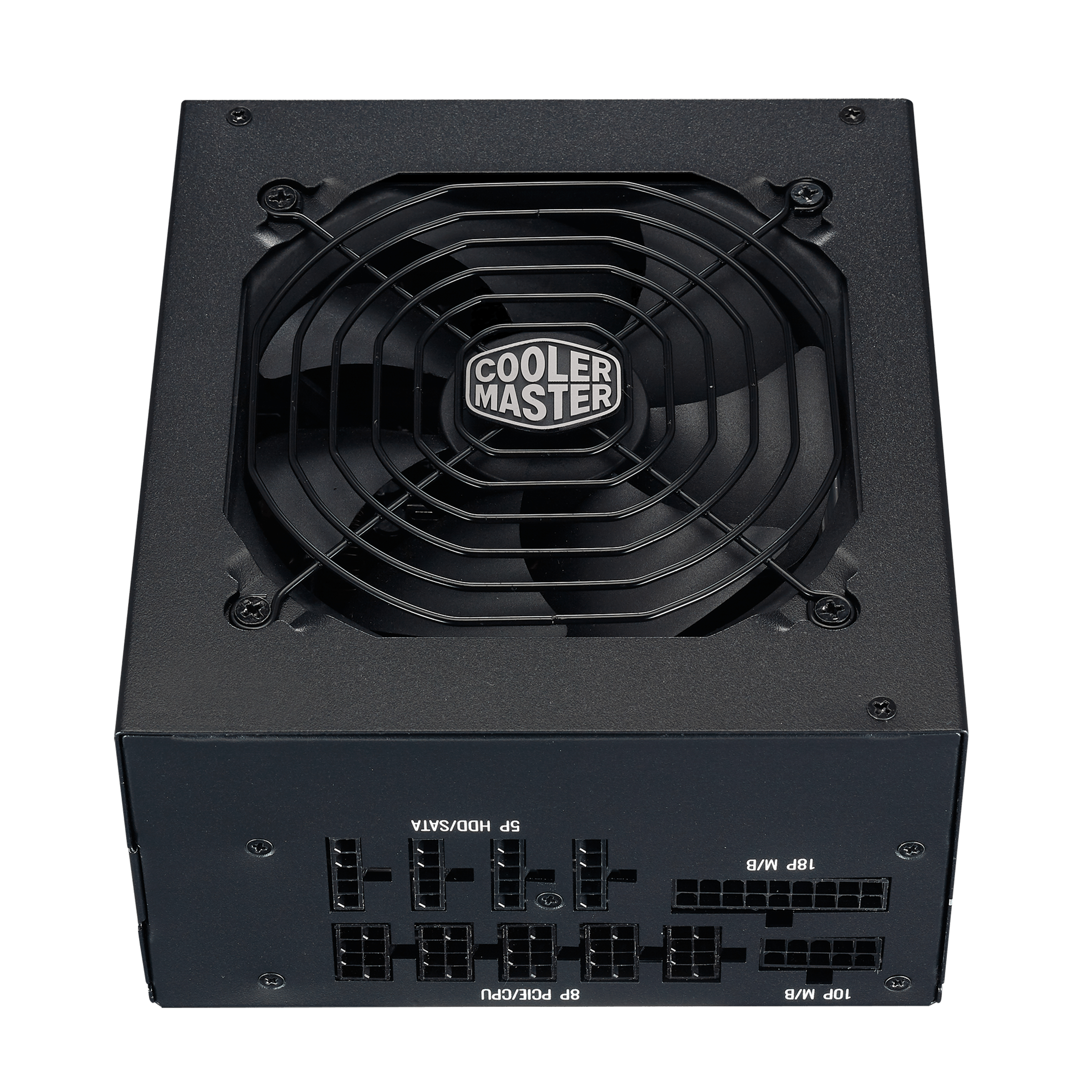 Schwarzes Cooler Master PC-Netzteil mit oberem Lüfter und modularen Kabelanschlüssen vorne auf weißem Hintergrund.