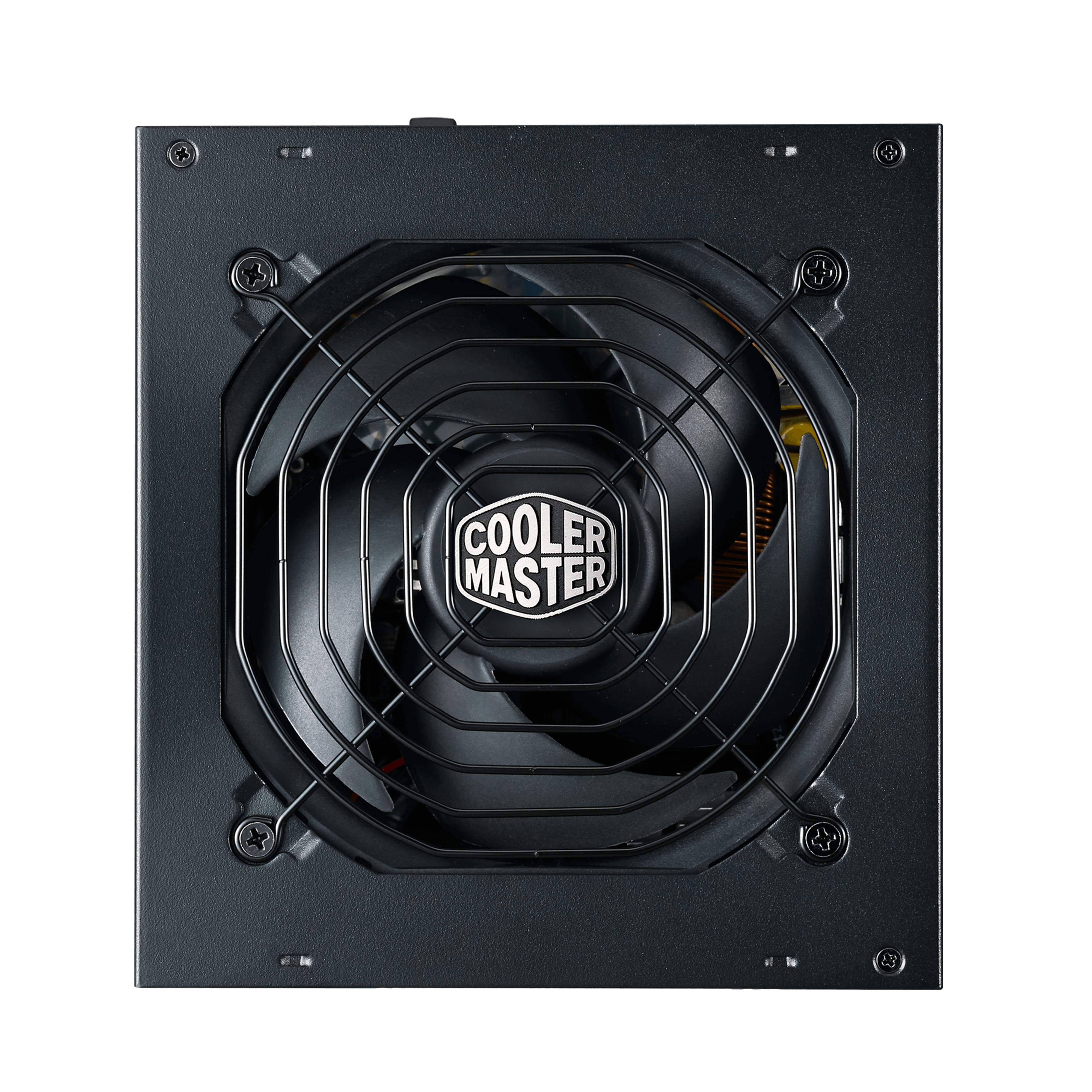 Schwarzes Cooler Master Netzteil mit Lüfter und Gitter auf weißem Hintergrund.