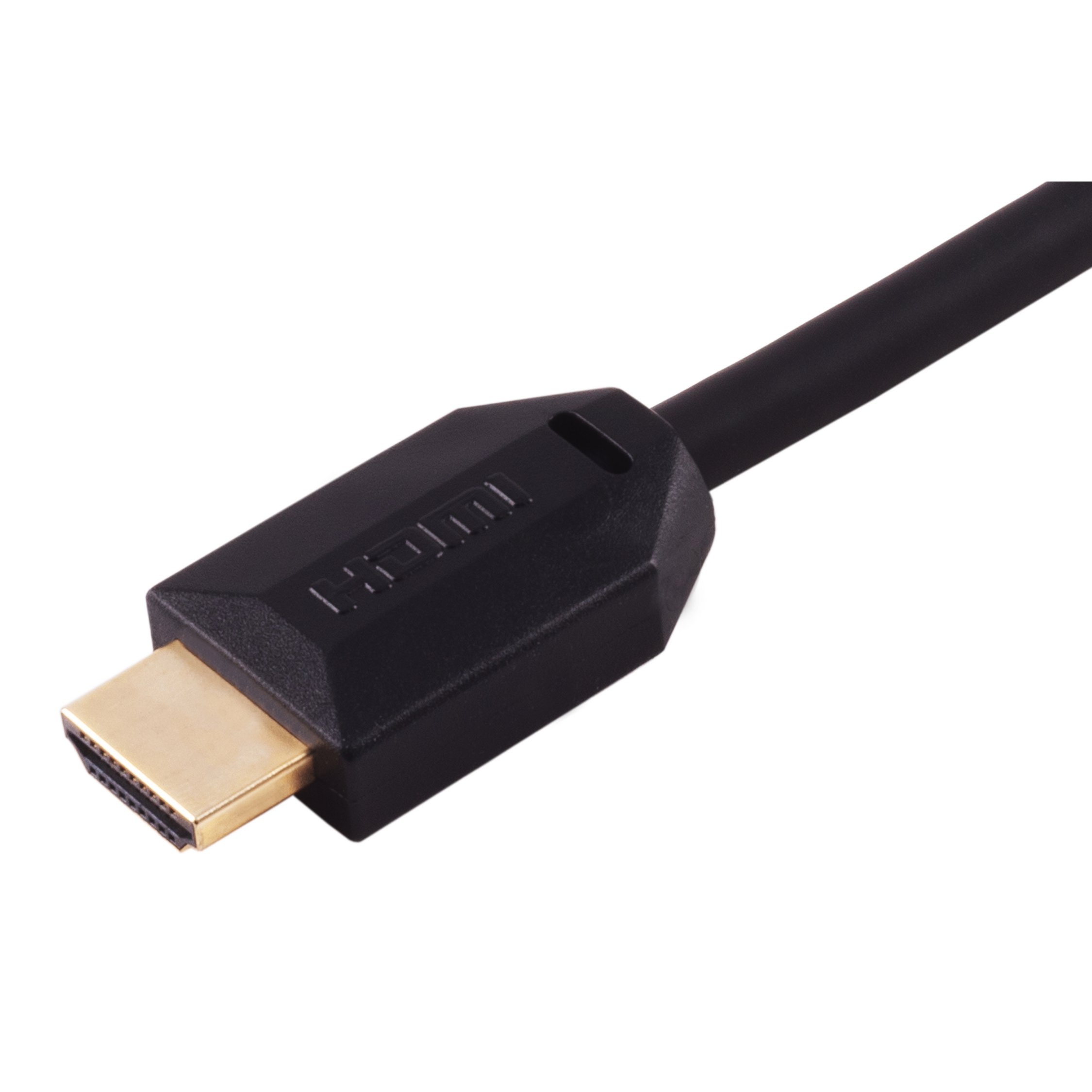 Ein schwarzes HDMI-Kabel mit vergoldetem Stecker auf weißem Hintergrund.