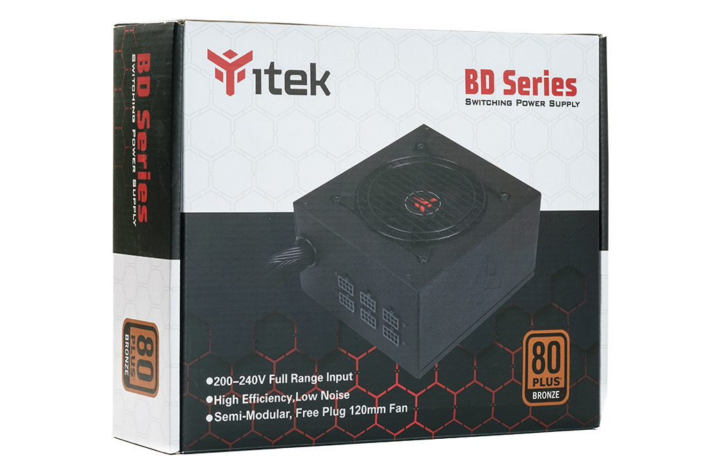 Opakowanie zasilacza komputerowego Itek BD Series z certyfikatem 80 Plus Bronze.
