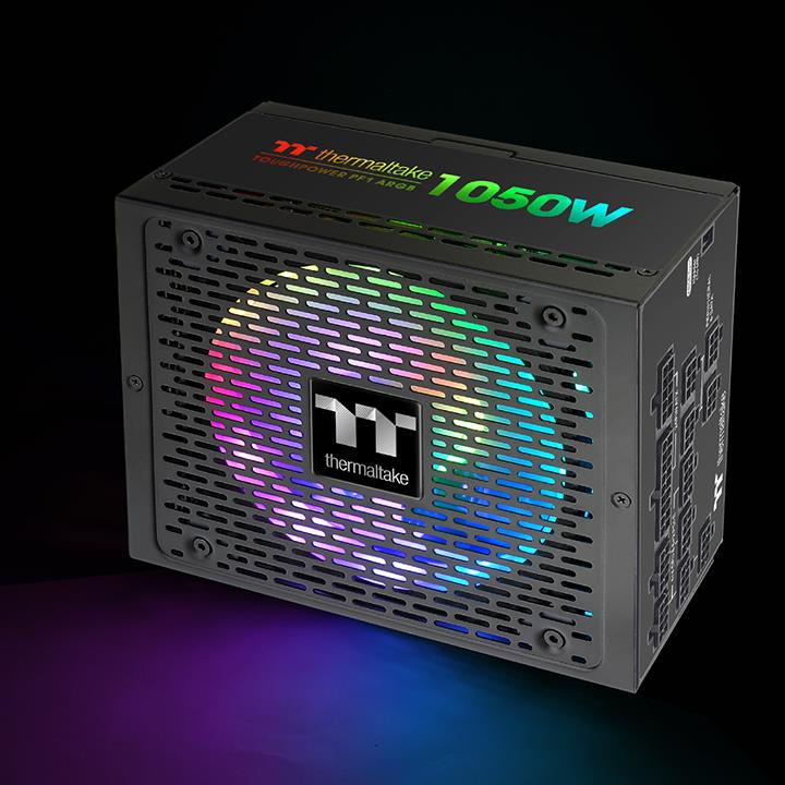 Czarny zasilacz komputera Thermaltake 1050W z kolorowym podświetleniem RGB wentylatora.