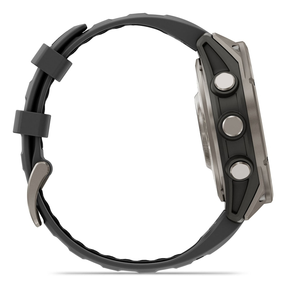 Side view of a black sports watch with a grey case and three metal buttons on a white background.