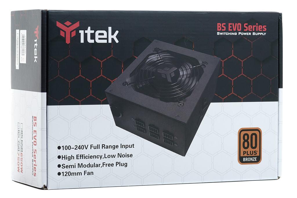 Opakowanie zasilacza iTek BS EVO Series 750W z certyfikatem 80 Plus Bronze.