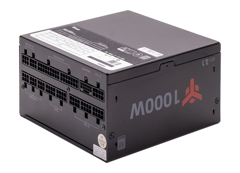 Czarny zasilacz komputera 1000W z modularnymi złączami i naklejką ze specyfikacją na białym tle.