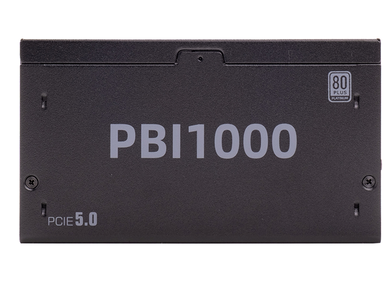 Czarny zasilacz z napisem PBI1000, PCIE 5.0 oraz logiem 80 Plus Platinum.