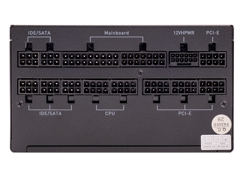 Tylny panel czarnego zasilacza komputera z etykietami portów modularnych, w tym IDE, SATA, płyta główna, procesor i PCI-E.
