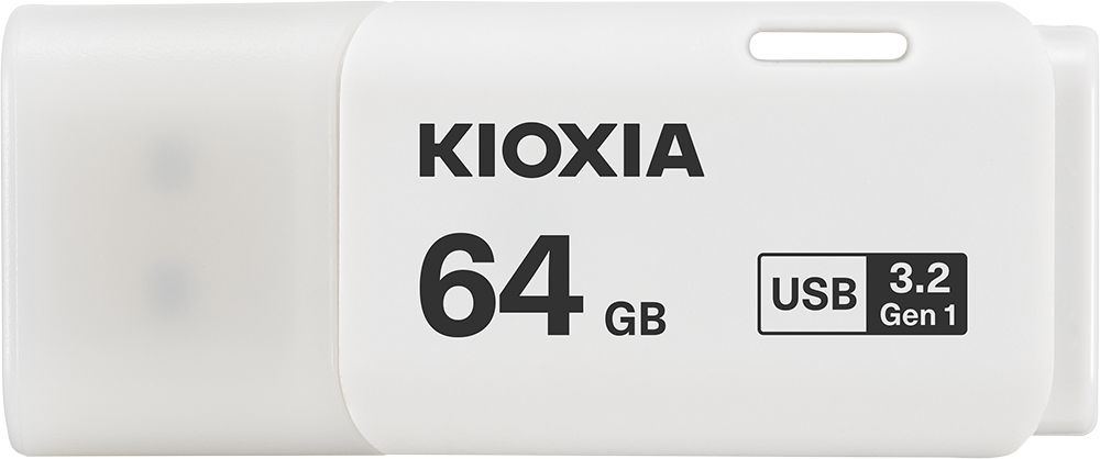 A white Kioxia 64 GB USB 3.2 Gen 1 flash memory stick on a white background.