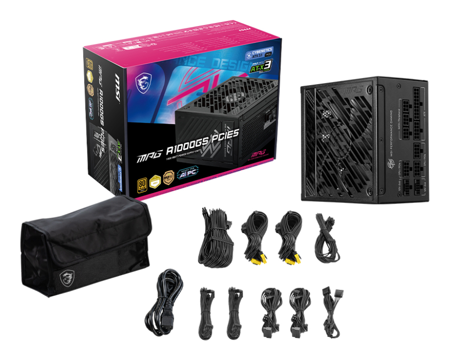 Zasilacz MSI MPG A1000GS PCIE5 z pudełkiem, torbą i czarnymi kablami na białym tle.