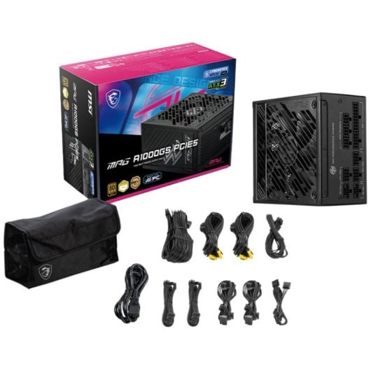 Zasilacz MSI MPG A1000GS PCIE5 z pudełkiem, etui i czarnymi kablami na białym tle.