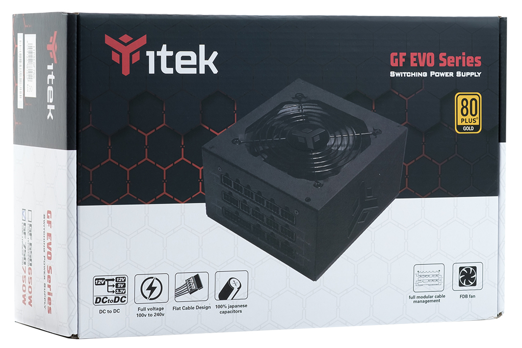 Opakowanie zasilacza Itek GF EVO Series ze szczegółami produktu i obrazem z przodu.