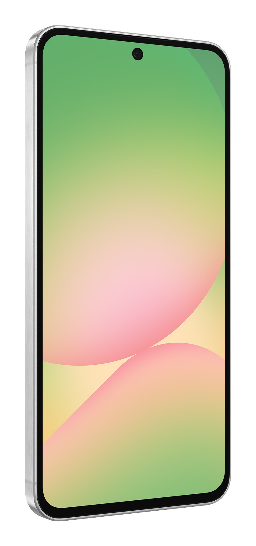 Ein weißes Smartphone in Perspektive mit einem pink-grünen Bildschirm und einer Frontkamera oben.