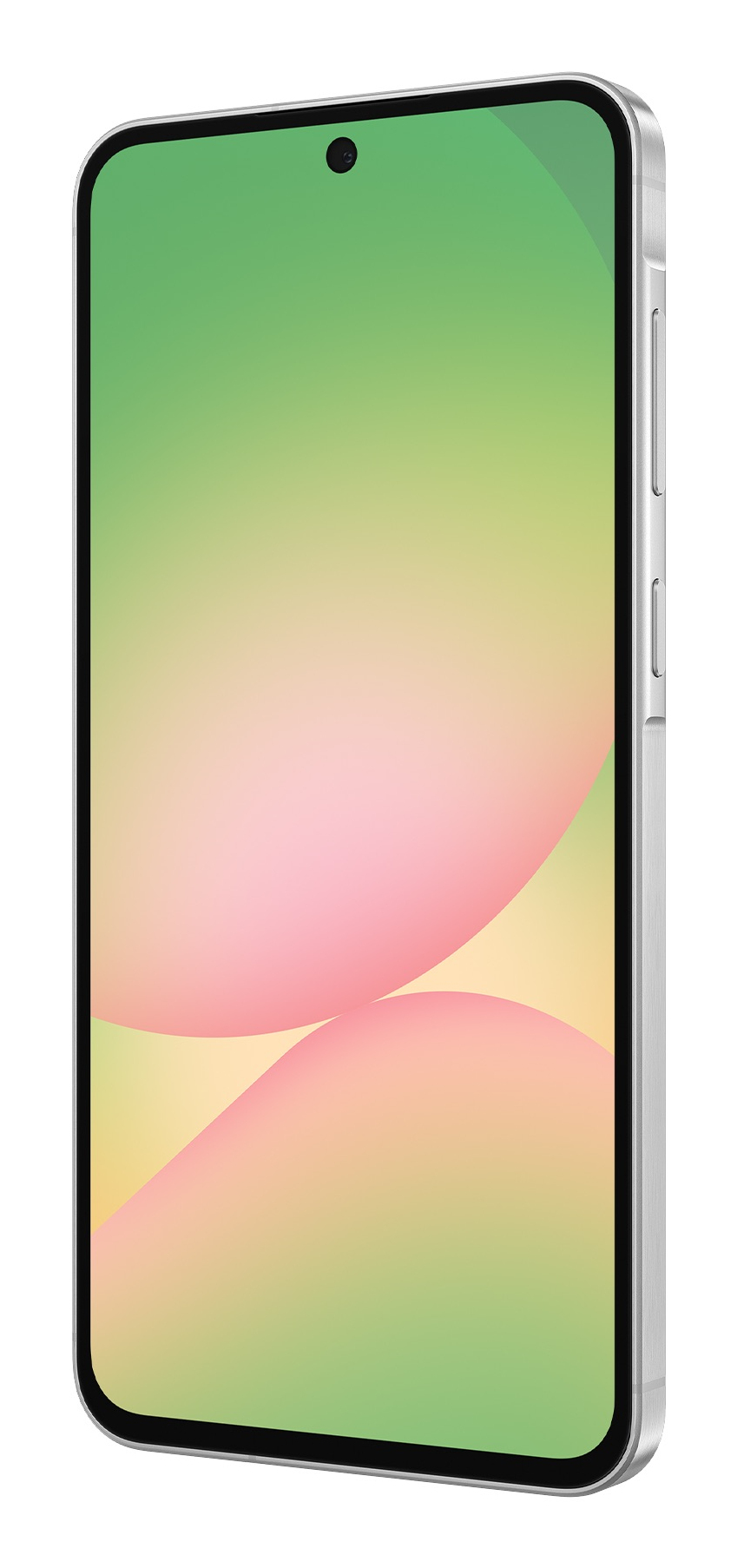 Ein weißes Smartphone mit grün-rosa Bildschirm und physischen Tasten an der Seite.