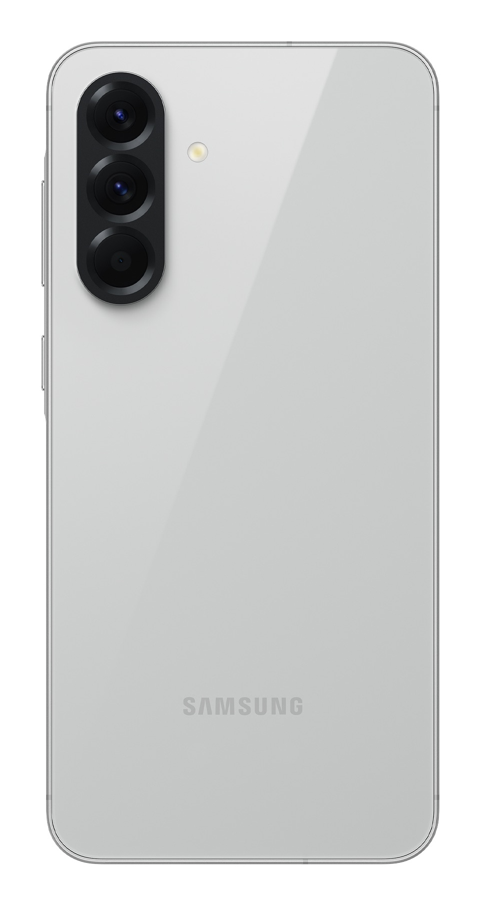 Rückseite eines silbernen Smartphones mit drei vertikal angeordneten Kameralinsen und Samsung-Logo unten.