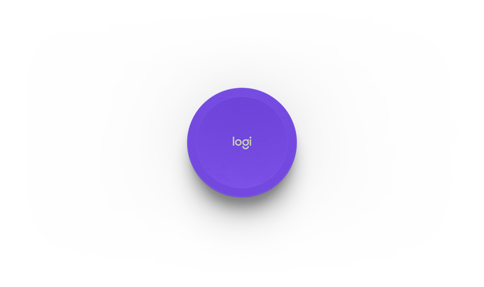Un botón redondo y morado de Logitech sobre un fondo blanco.