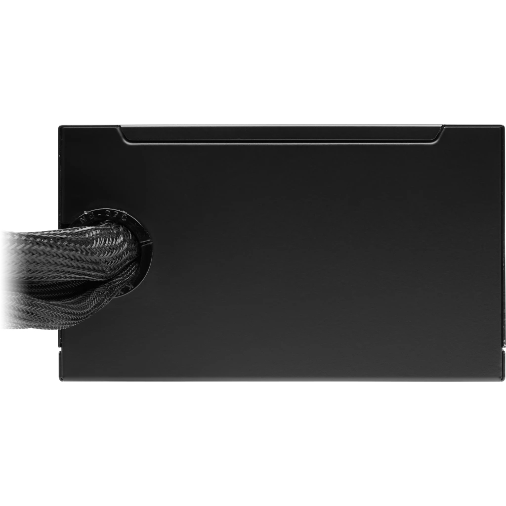 A black computer power supply unit with braided black cables coming out from the side.