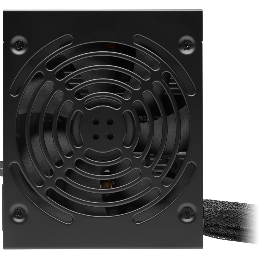 A black computer power supply unit featuring a large round fan grille and four screws at the corners.
