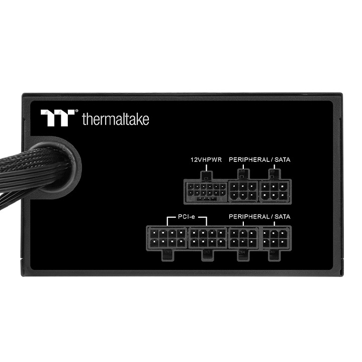 Thermaltake power supply back panel featuring labeled modular connectors for 12VHPWR, PCI-e, and peripheral/SATA.