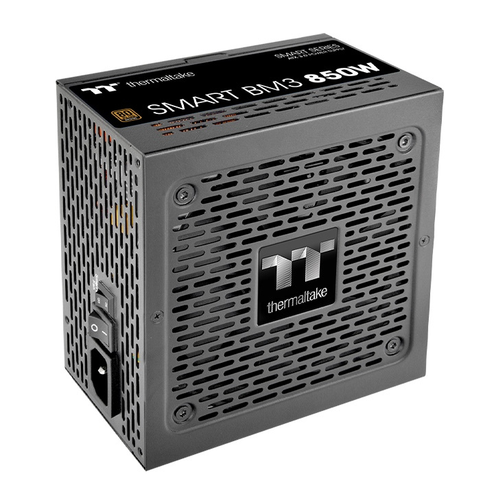 A black Thermaltake Smart BM3 850W computer power supply unit with a mesh fan grille and power switch on the side.