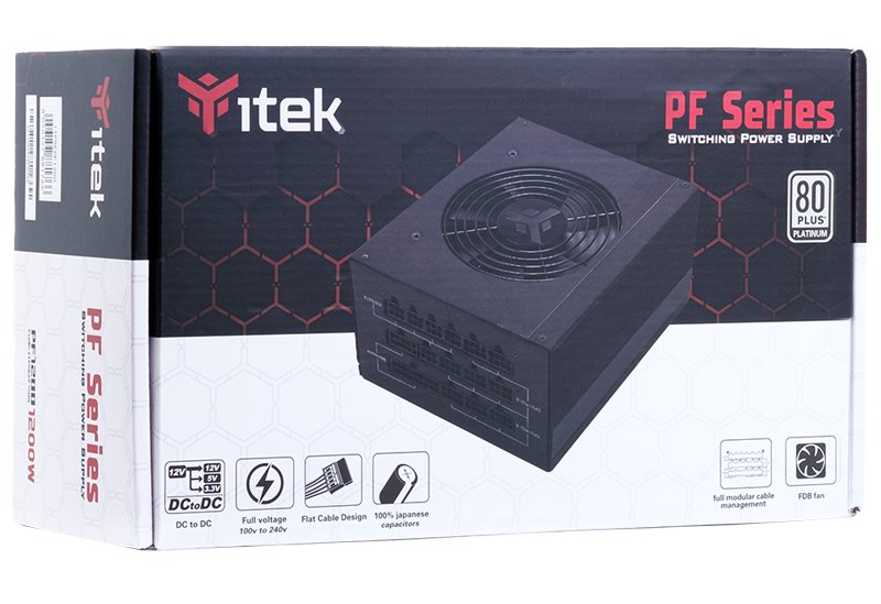 Opakowanie produktu zasilacza Itek PF Series z czerwonymi i białymi akcentami.