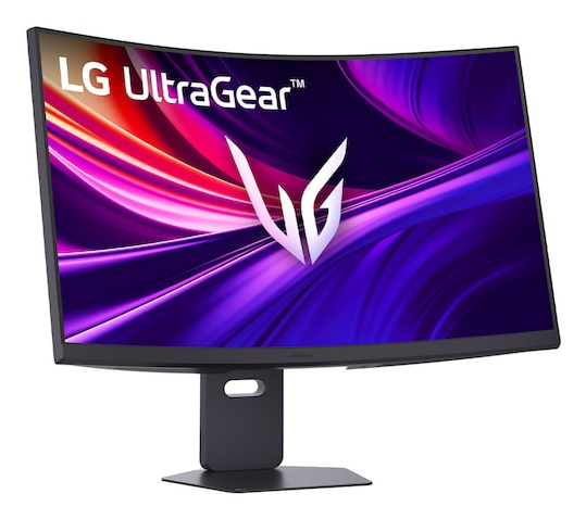 Zakrzywiony monitor gamingowy LG UltraGear wyświetlający abstrakcyjne, kolorowe tło.
