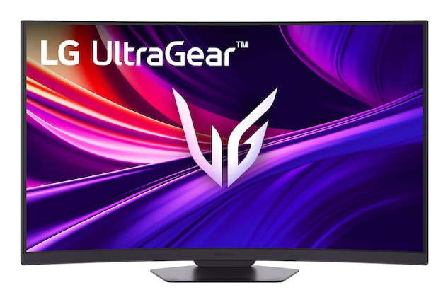 Zakrzywiony monitor LG UltraGear wyświetla kolorowe, abstrakcyjne tło z białym logo.