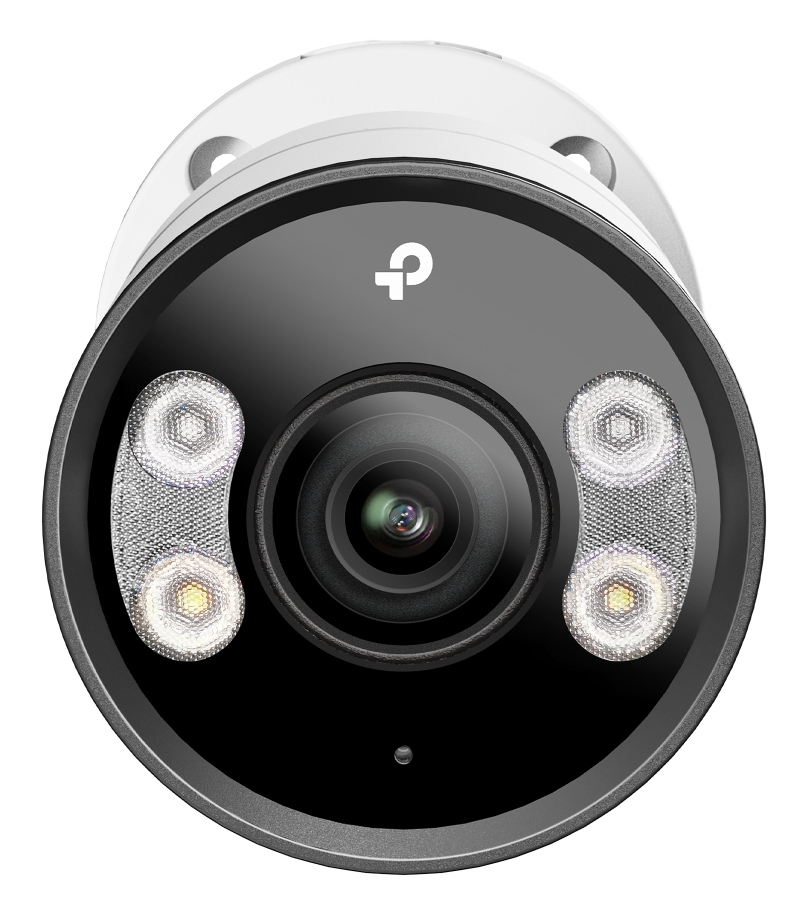 A white security camera with a central lens, four LED lights, and a logo on a black face.