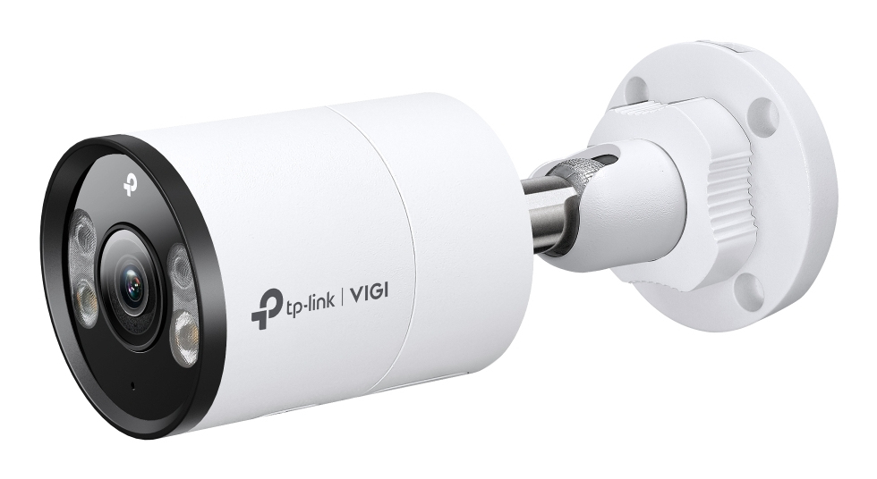 White TP-Link VIGI security camera on a wall mount against a white background.
