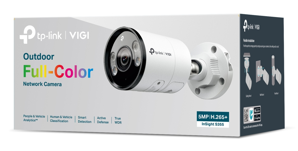 A white TP-Link VIGI outdoor full-color network camera shown in its retail box with product features.