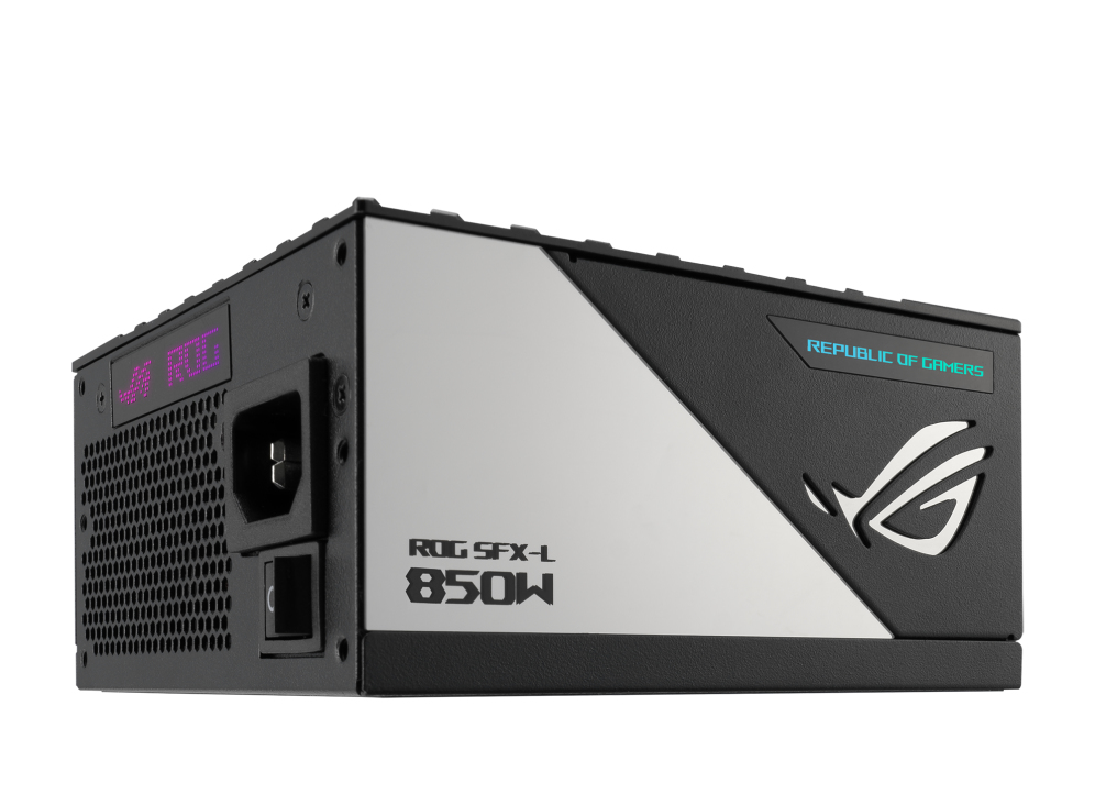 Black and silver ROG SFX-L 850W PC power supply unit on white background with glowing logo.