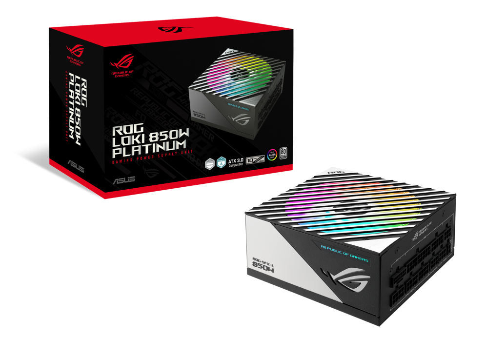ROG Loki 850W Platinum gaming power supply with RGB fan and black and red packaging box.