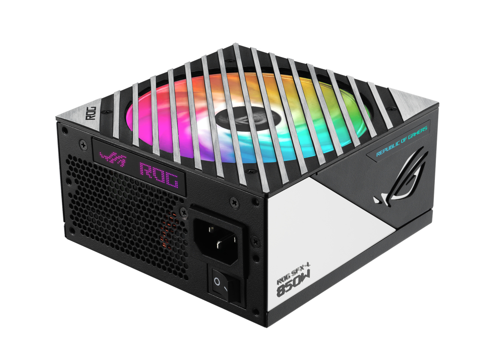 Black 850W PC power supply with RGB fan, LED display and metal trim bars on white background.