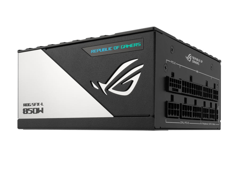 Black and silver ROG SFX-L 850W PC power supply with cable connectors and logo on a white background.