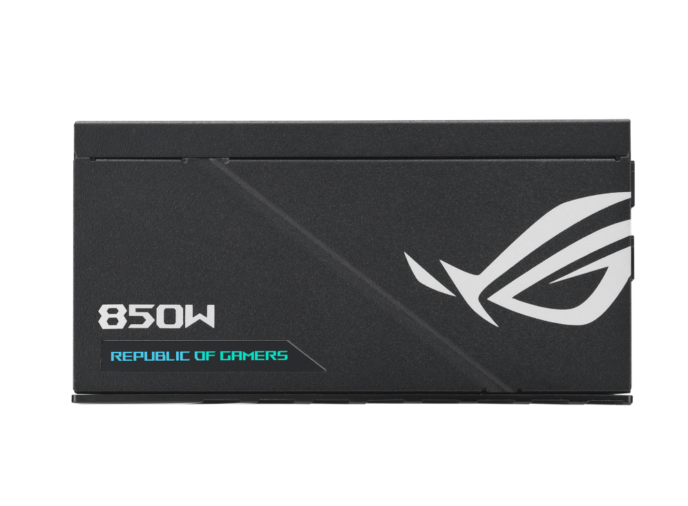 Black 850W Republic of Gamers PC power supply with a white ROG logo against a white background.