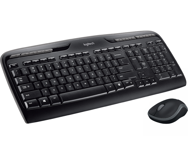 Schwarze kabellose Logitech Tastatur und passende Maus auf weißem Hintergrund.