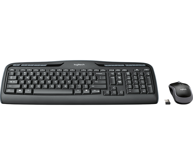 Eine schwarze Logitech-Funktastatur, eine kabellose Maus und ein USB-Empfänger auf weißem Hintergrund.
