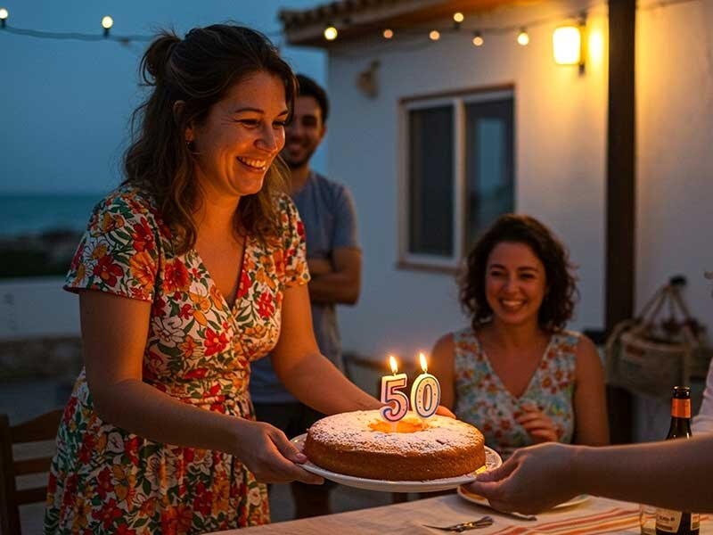 Una mujer sonriente sostiene un pastel de cumpleaños con velas que muestran 50 al aire libre al atardecer.