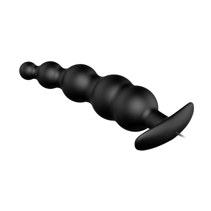 Ein schwarzer, perlenartiger Sexspielzeug-Plug mit ansteigender Kugelgröße und Griffbasis vor weißem Hintergrund.